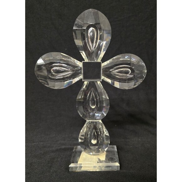 9" Oleg Cassini Crystal Cross Figurine Bless This House Inscription On Base - Picture 1 of 4